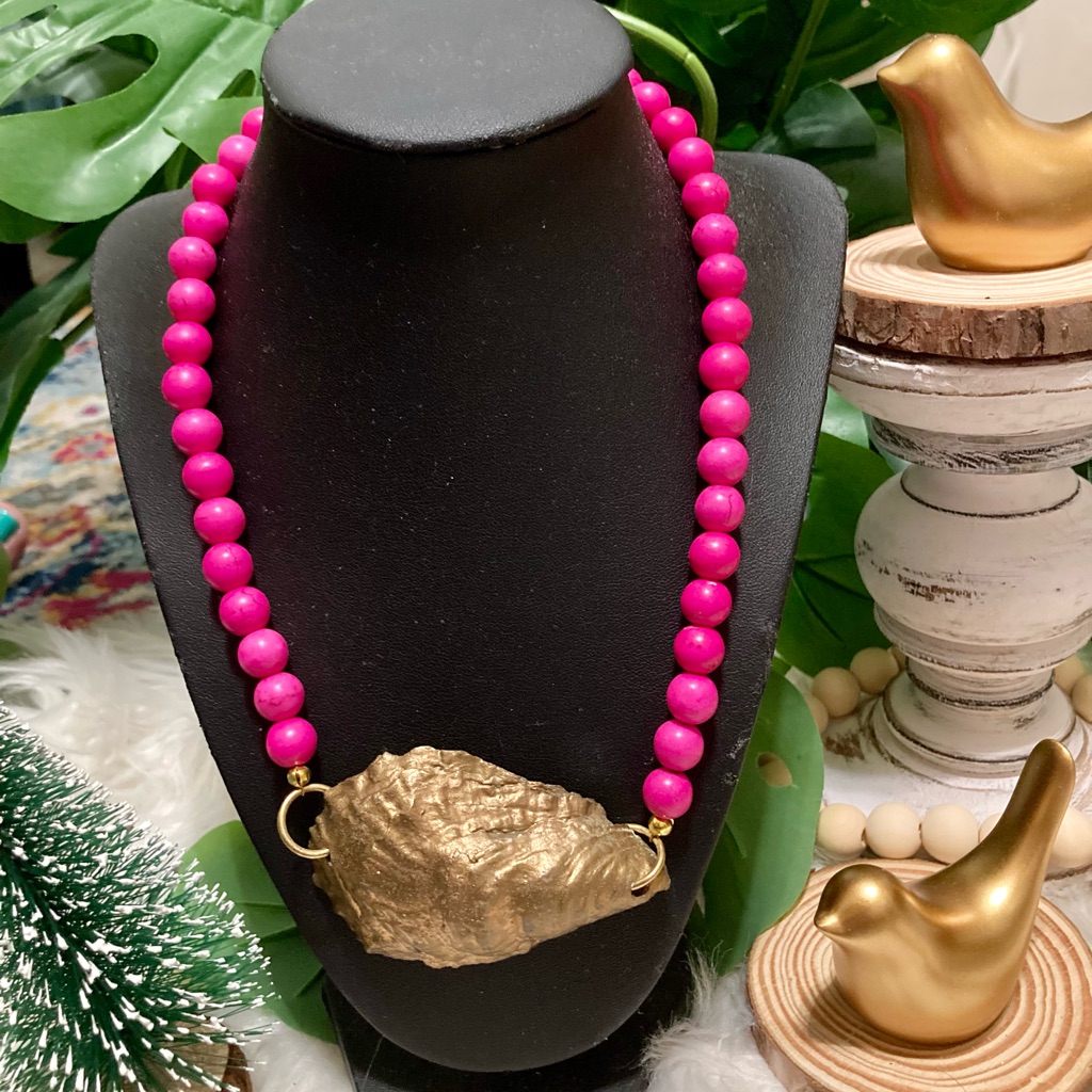 New Boutique Handmade Gold Shell Oyster Natural Vibrant Pink Agatebeads